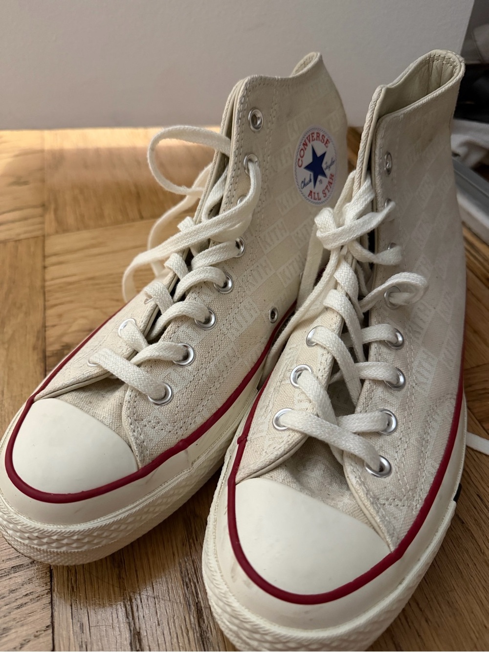 Kith High-Top Canvas converse Sneakers in Off-White with Red Trim - Picture 2 of 5